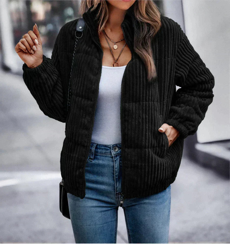 Harlow Black Puffer Jacket | Lightweight, Ribbed Texture, Stand Collar, Side Pockets 3