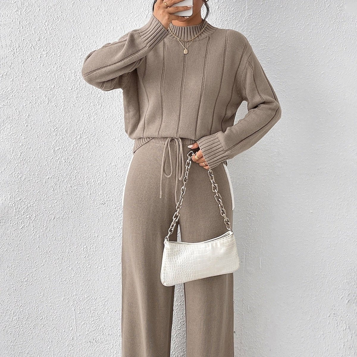 Kora Knitted Co Ord Set | Soft Knit Sweater and Wide Leg Trousers in Warm Khaki 3