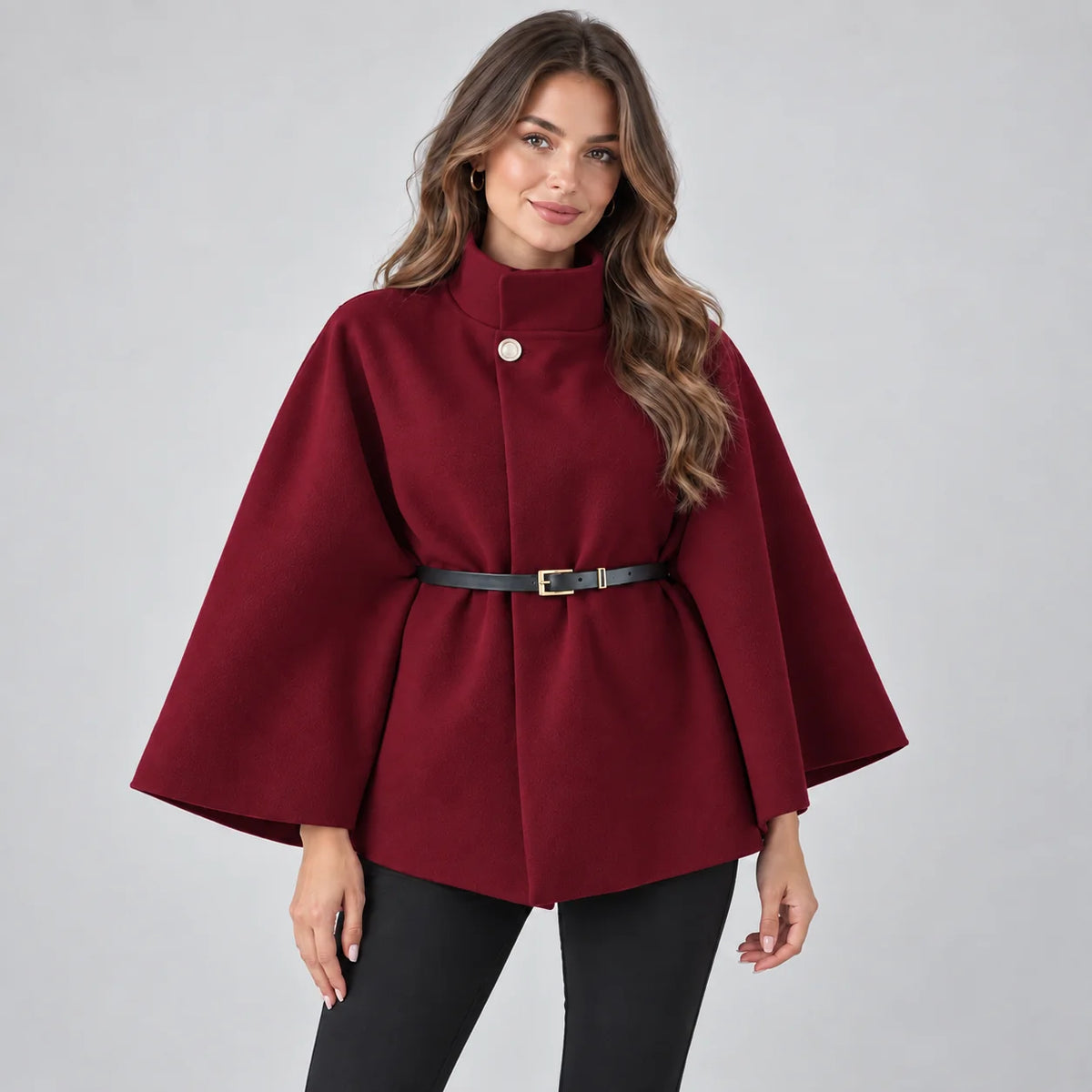 Mirella Women's Cape Coat | Wool-Feel Fabric, Belted High Neck 9