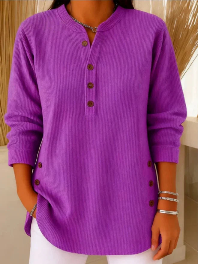 Rina Women's Tunic Top | Ribbed Henley Neckline with Side Button Detail 9
