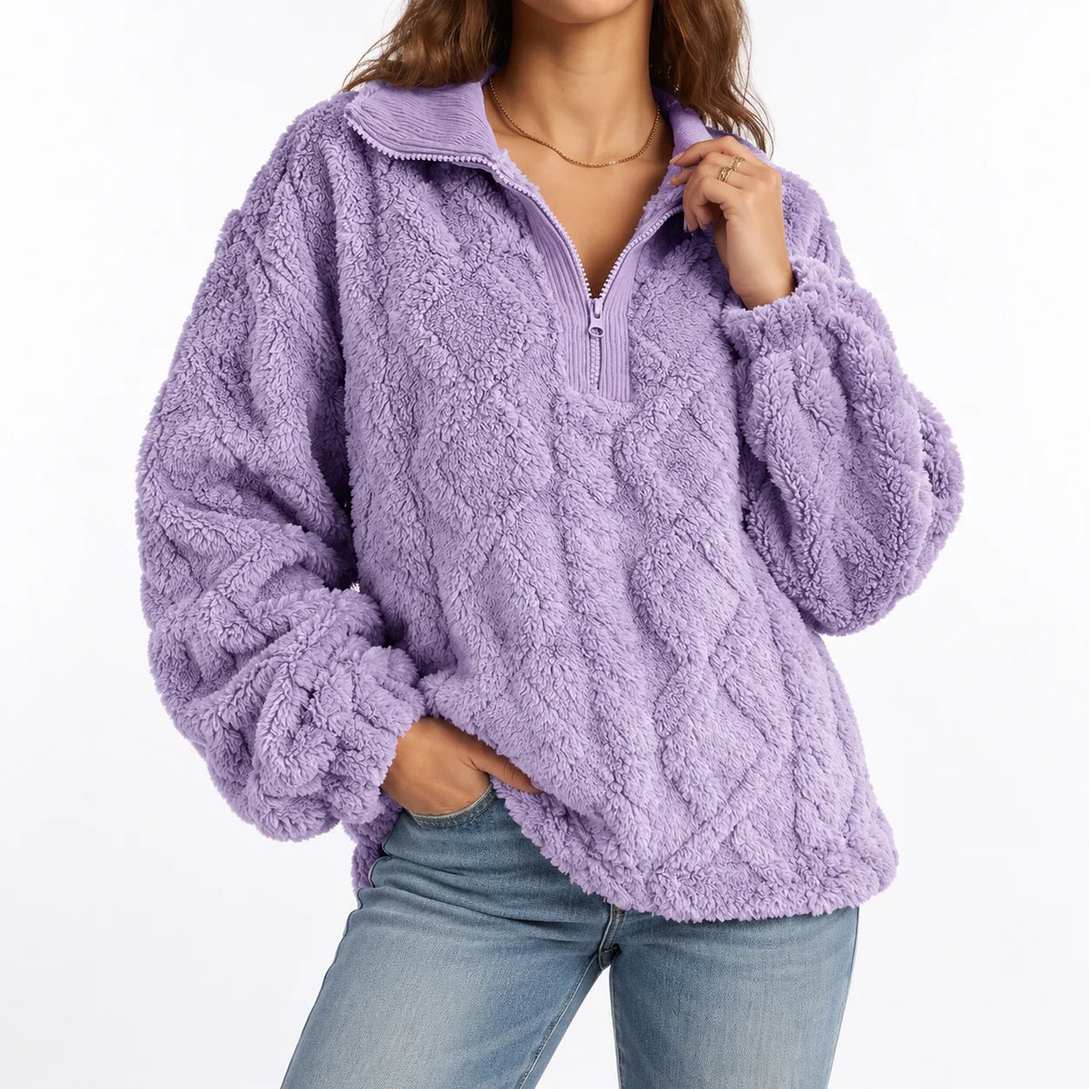 Talia Women's Fleece Pullover | Textured Cable Knit, Quarter Zip 3