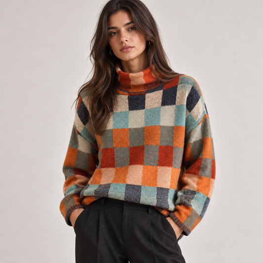 Clara Women's Oversized Turtleneck Sweater | Checkered Knit, Cozy Fit