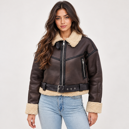 Sela Women's Cropped Jacket | Faux Fur with Shearling Lining, Adjustable Waist Belt