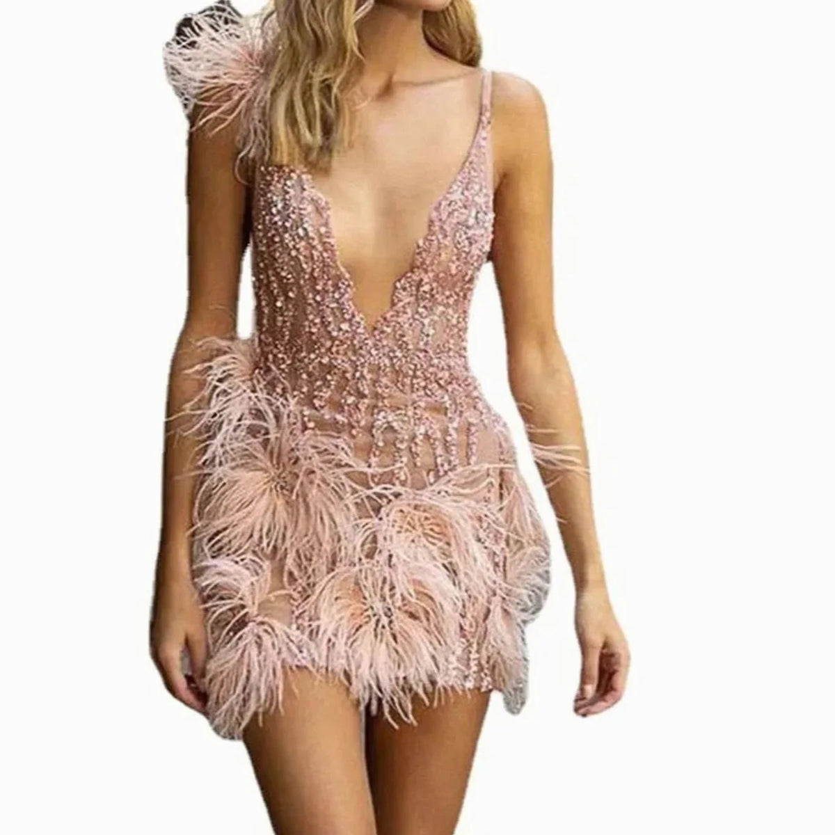 Beatrice Women's Mini Dress | Pink Sequined Feather Trimmed 5