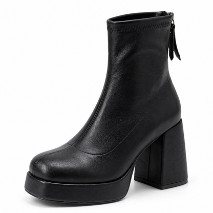 Liora Women's Black Ankle Boots | Leather Platform Block Heel, Square Toe