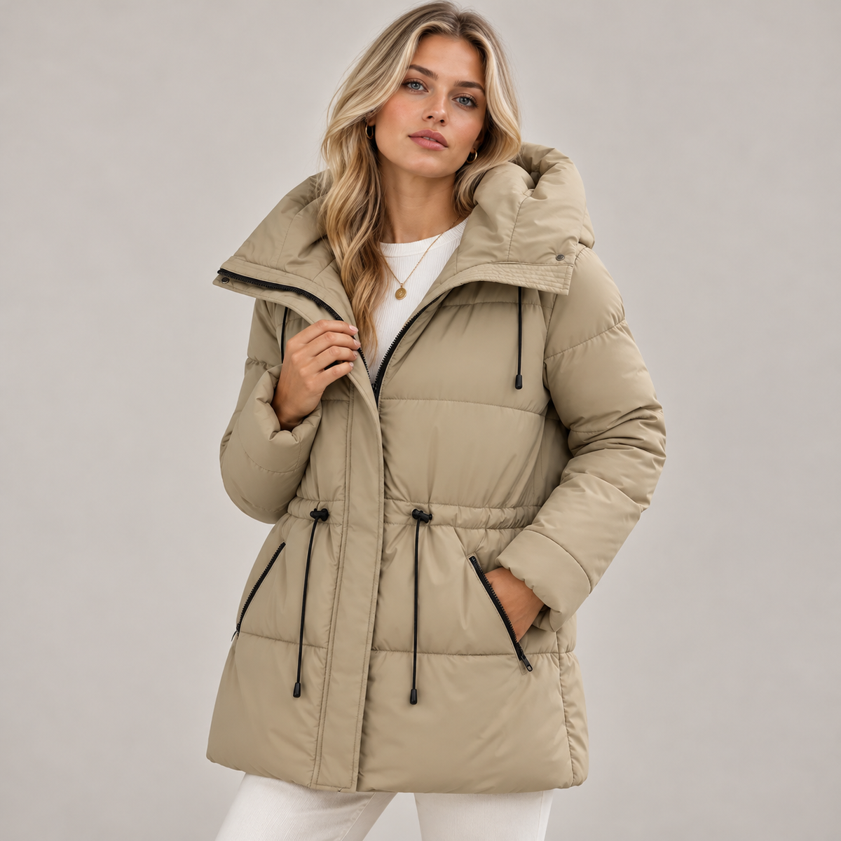 Wynna Long Puffer Coat | Quilted, Hooded with Adjustable Drawstring Waist
