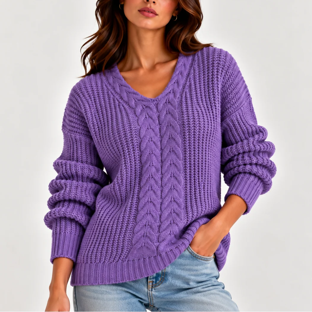 Celia Women's Cable Knit Sweater | V-Neck, Long Sleeve 0