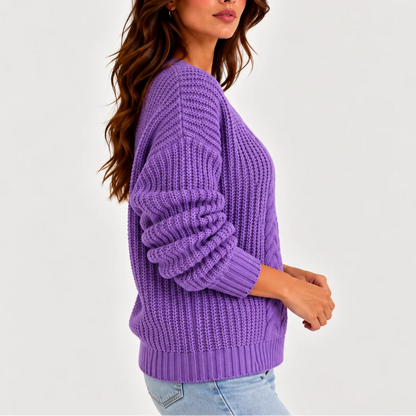 Celia Women's Cable Knit Sweater | V-Neck, Long Sleeve 1