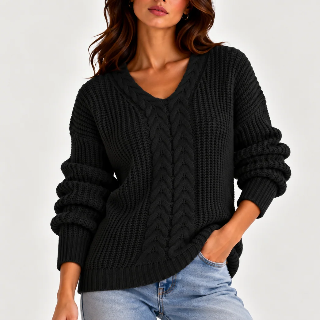 Celia Women's Cable Knit Sweater | V-Neck, Long Sleeve 2