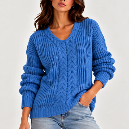 Celia Women's Cable Knit Sweater | V-Neck, Long Sleeve 4