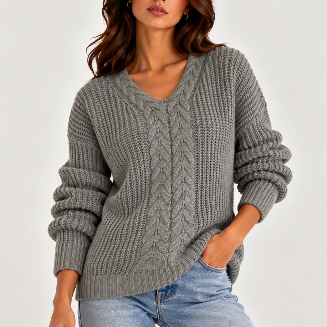 Celia Women's Cable Knit Sweater | V-Neck, Long Sleeve 5