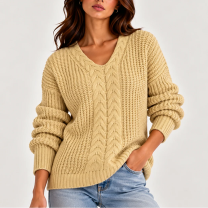 Celia Women's Cable Knit Sweater | V-Neck, Long Sleeve 6