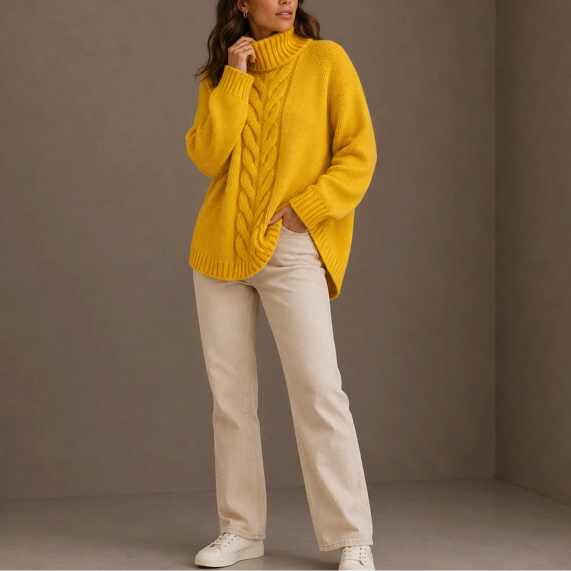 Celia Women's Cable Knit Turtleneck Sweater | Oversized Relaxed Fit 3