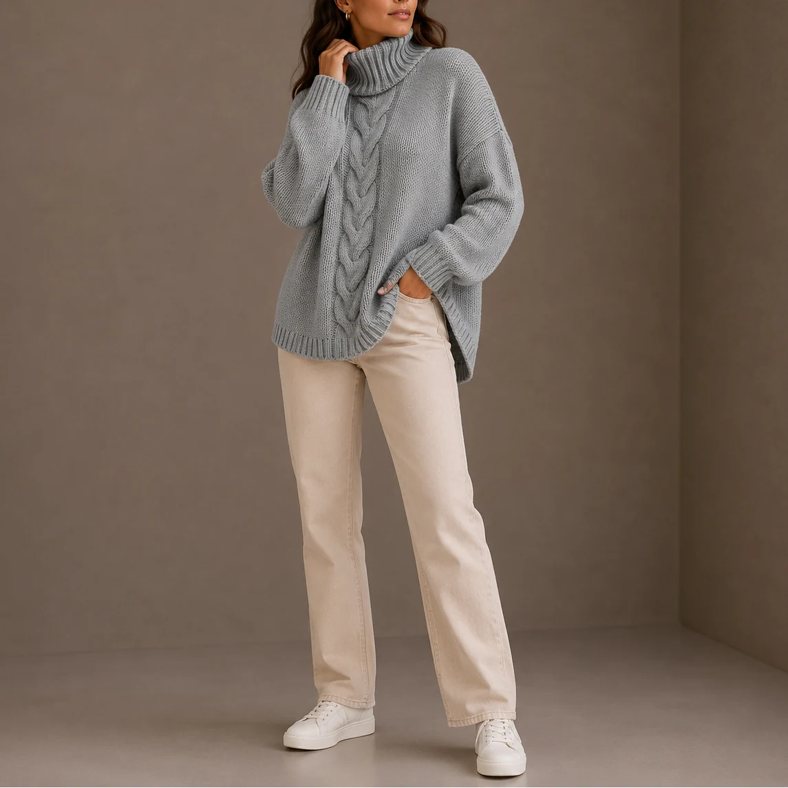 Celia Women's Cable Knit Turtleneck Sweater | Oversized Relaxed Fit 4