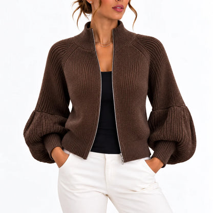 Celia Women's Cropped Knit Cardigan | Puff Sleeves, High Collar 0