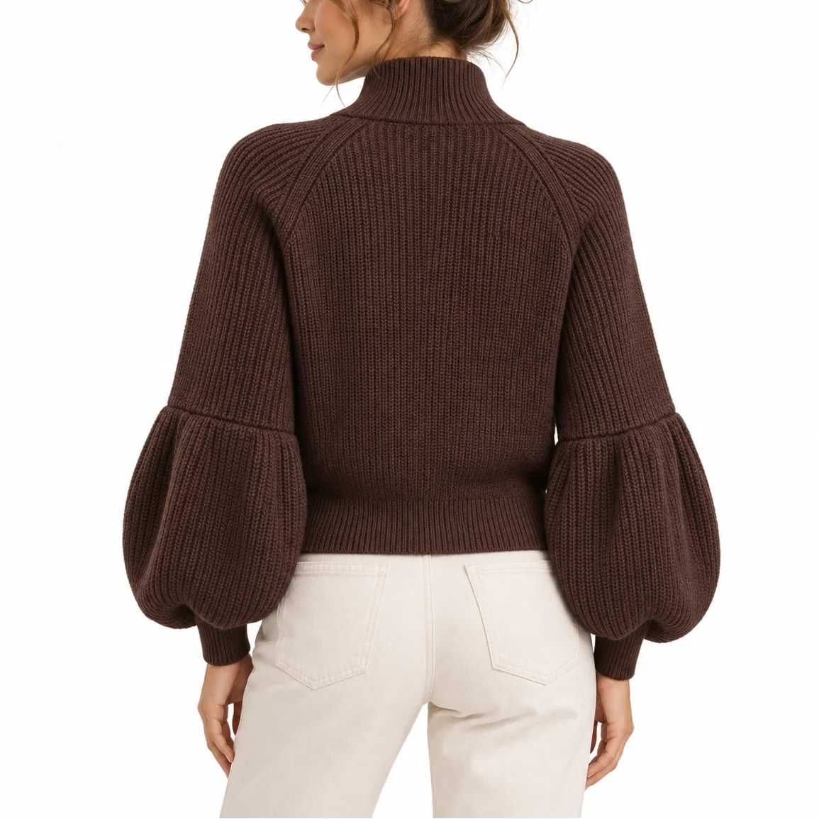 Celia Women's Cropped Knit Cardigan | Puff Sleeves, High Collar 1