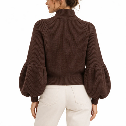 Celia Women's Cropped Knit Cardigan | Puff Sleeves, High Collar 1