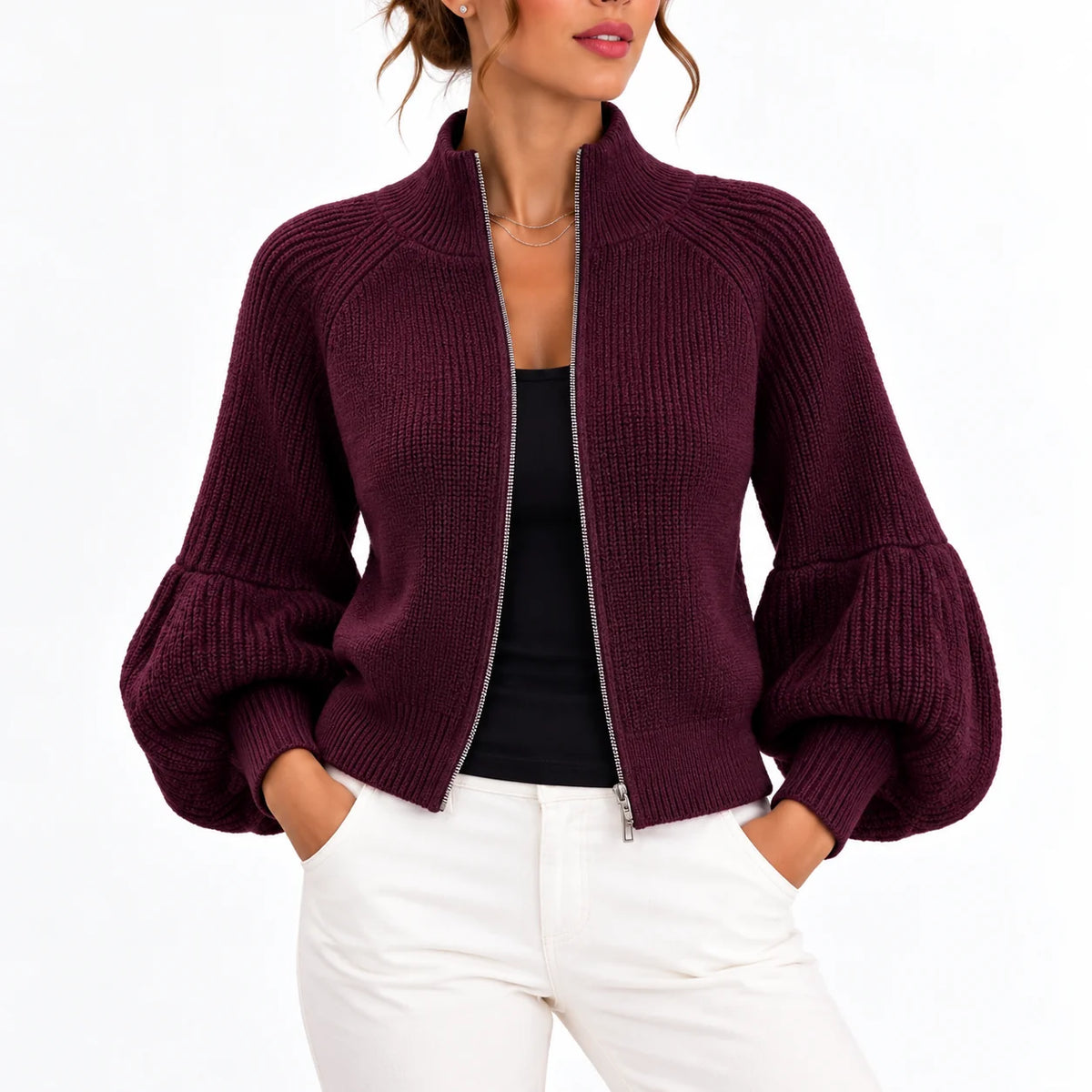 Celia Women's Cropped Knit Cardigan | Puff Sleeves, High Collar 2