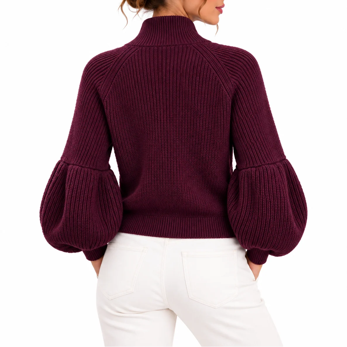 Celia Women's Cropped Knit Cardigan | Puff Sleeves, High Collar 3
