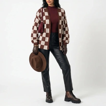 Celia Women's Knit Cardigan | Checkerboard Pattern, Relaxed Fit 2