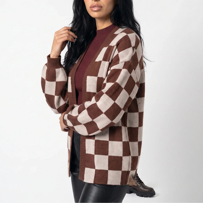 Celia Women's Knit Cardigan | Checkerboard Pattern, Relaxed Fit 3
