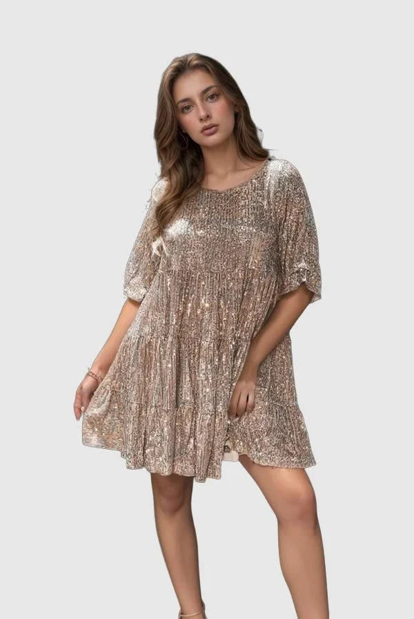 Celia Women's Mini Dress | Sequin Tiered Skirt, Puffed Sleeves 1