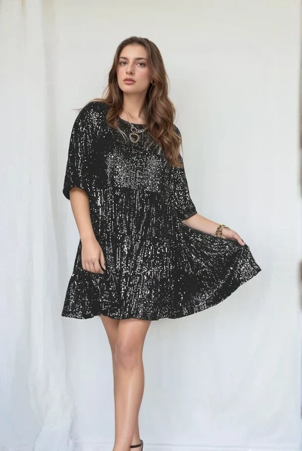 Celia Women's Mini Dress | Sequin Tiered Skirt, Puffed Sleeves 3