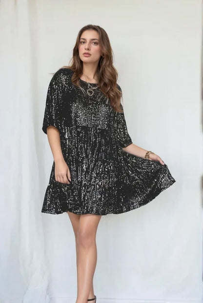 Celia Women's Mini Dress | Sequin Tiered Skirt, Puffed Sleeves 3