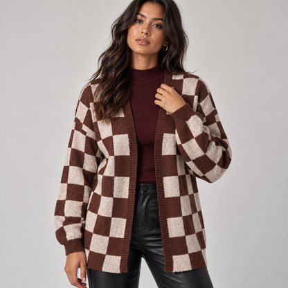 Celia Women's Knit Cardigan | Checkerboard Pattern, Relaxed Fit