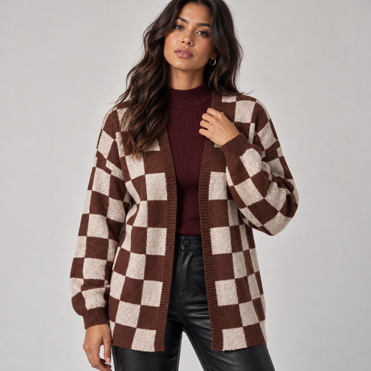 Celia Women's Knit Cardigan | Checkerboard Pattern, Relaxed Fit