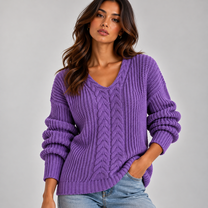 Celia Women's Cable Knit Sweater | V-Neck, Long Sleeve