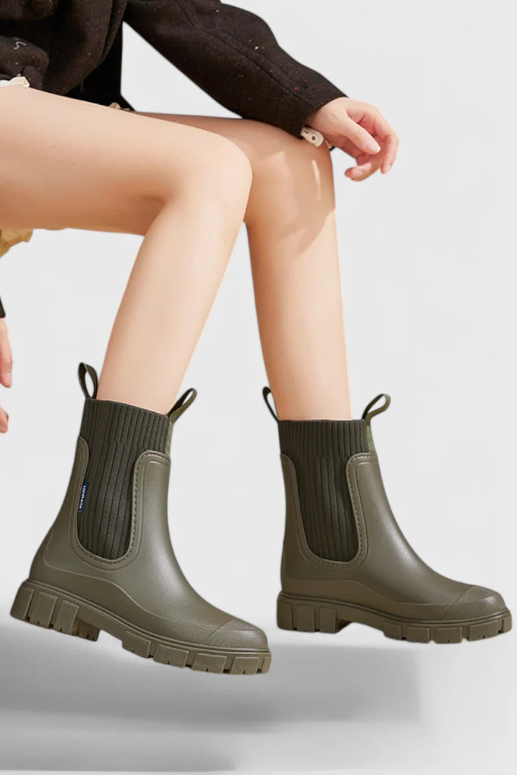 Cora Chelsea Rain Boots | Waterproof, Ribbed Knit Collar, Chunky Rubber Sole 5
