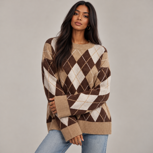 Dara Women's Knit Jumper | Diamond Pattern, Round Neck, Long Sleeve