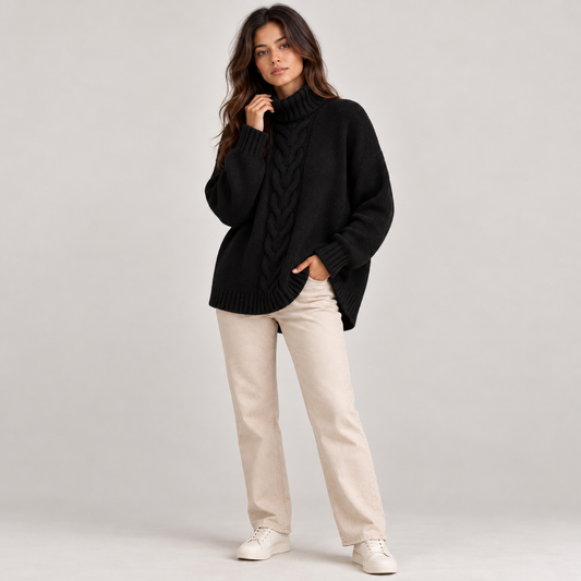 Celia Women's Cable Knit Turtleneck Sweater | Oversized Relaxed Fit