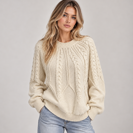 Celia Women's Sweater | Cable Knit, Balloon Sleeves