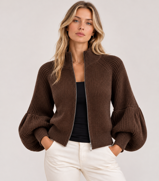 Celia Women's Cropped Knit Cardigan | Puff Sleeves, High Collar