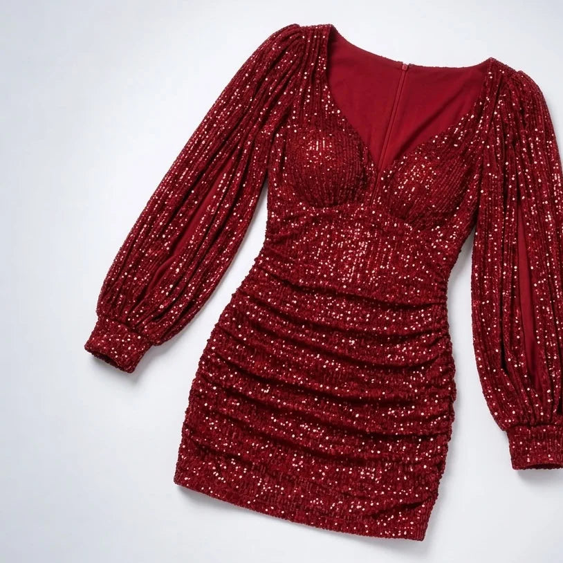 Darcey Women's Sequin Mini Dress | Long Sleeve, Puff Shoulder 5