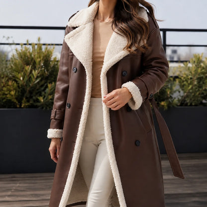 Daxon Long Leather Coat | Vegan Leather, Sherpa Lining, Double Breasted 3