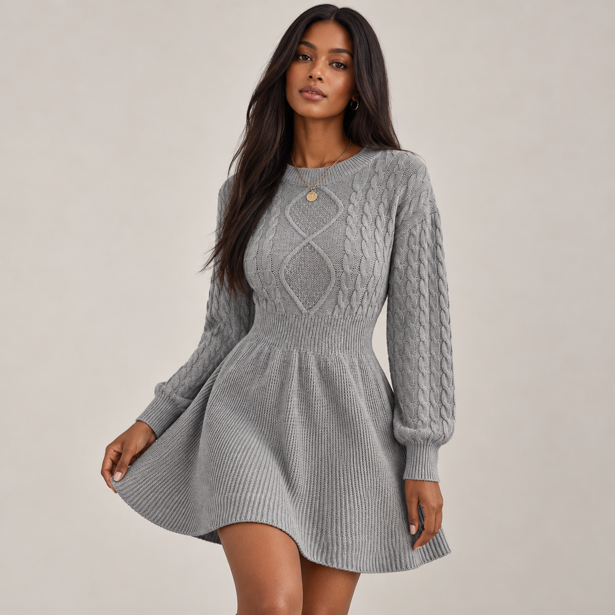 Celia Knit Dress | Cable Knit, Fitted Waist, Flared Skirt