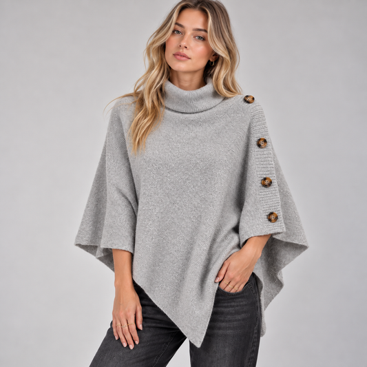 Nora Women's Poncho | Knitted Wool, Turtleneck, Asymmetric Hem