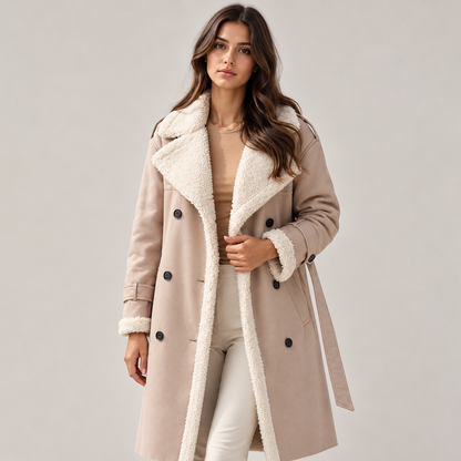 Daxon Long Leather Coat | Vegan Leather, Sherpa Lining, Double Breasted