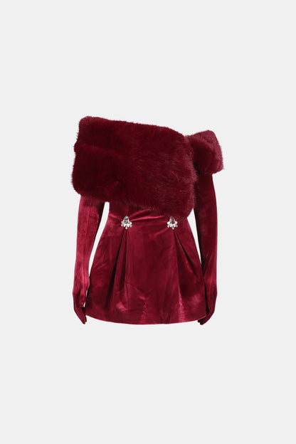 Evelyn Women's Cocktail Dress | Maroon Velvet, Off-Shoulder Long Sleeve 4