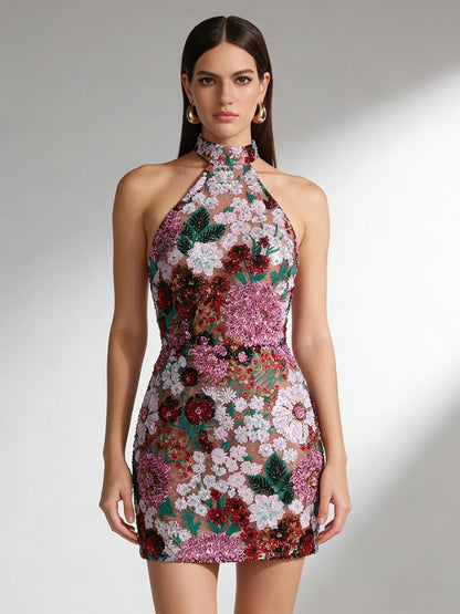 Felicity Women's Mini Dress | Floral Sequin Mesh, Halter Neck Cocktail Dress 0