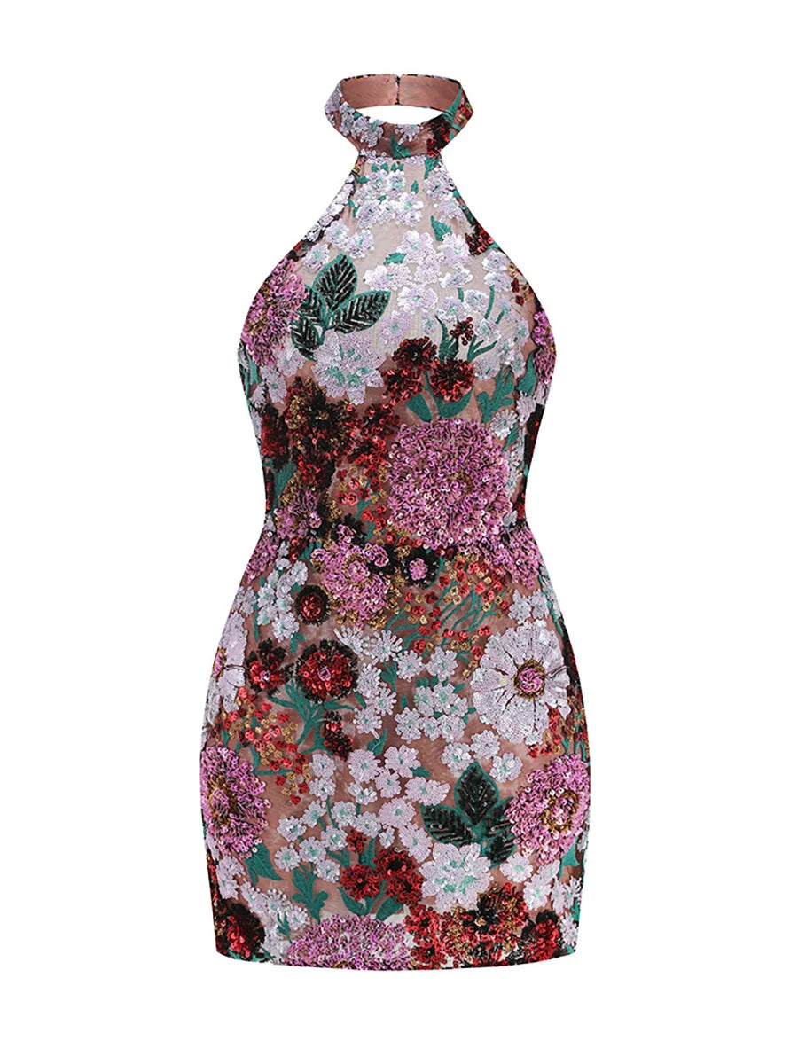Felicity Women's Mini Dress | Floral Sequin Mesh, Halter Neck Cocktail Dress 5