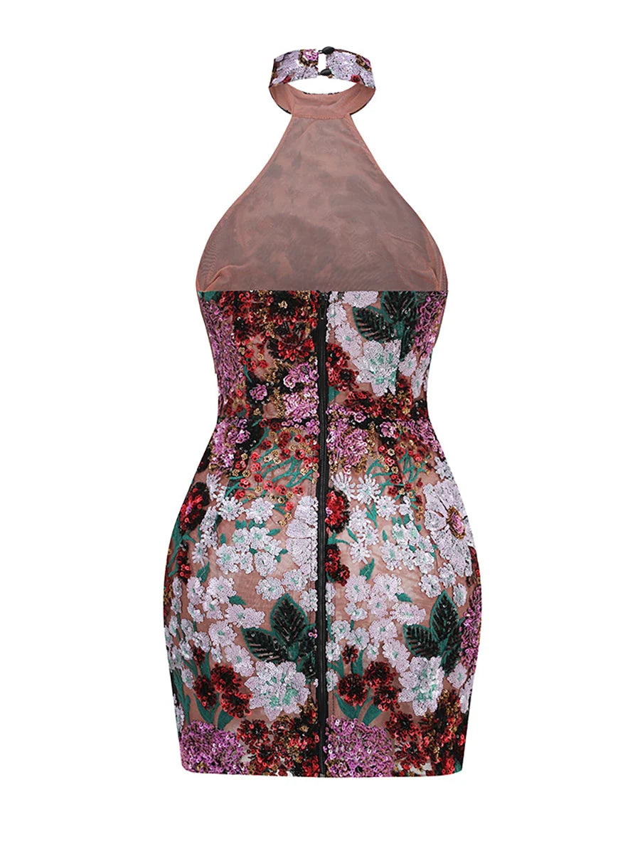 Felicity Women's Mini Dress | Floral Sequin Mesh, Halter Neck Cocktail Dress 6