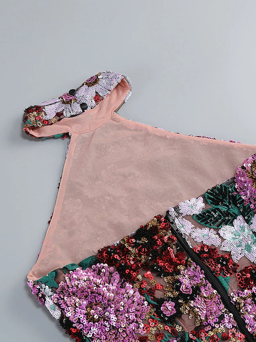 Felicity Women's Mini Dress | Floral Sequin Mesh, Halter Neck Cocktail Dress 7