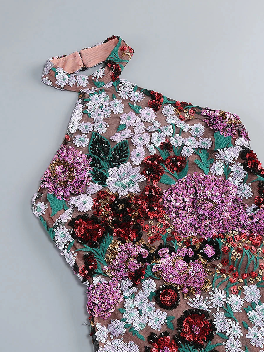 Felicity Women's Mini Dress | Floral Sequin Mesh, Halter Neck Cocktail Dress 8
