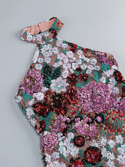 Felicity Women's Mini Dress | Floral Sequin Mesh, Halter Neck Cocktail Dress 8