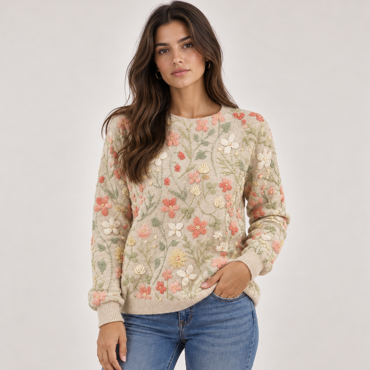Willa Women's Floral Knit Sweater | Embroidered Flower Design, Relaxed Fit