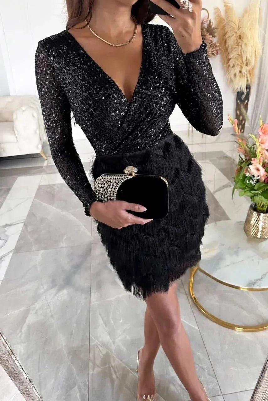 Gina Women's Cocktail Dress | Sequined Bodice, Fringe Skirt 7
